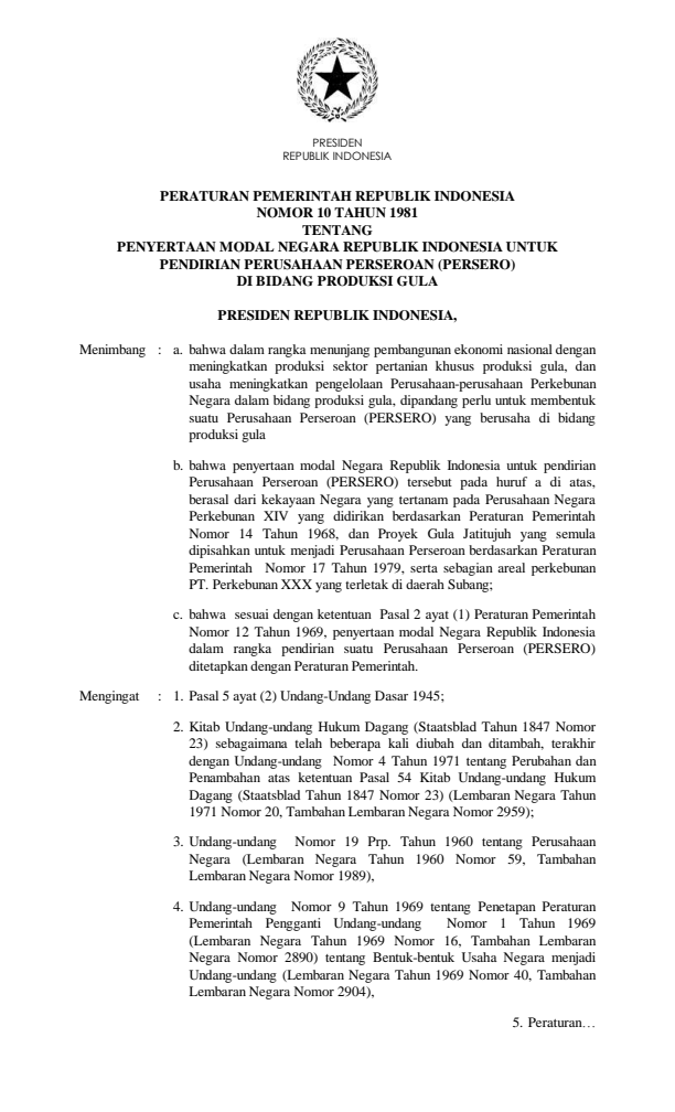 Peraturan Pemerintah Nomor 10 Tahun 1981