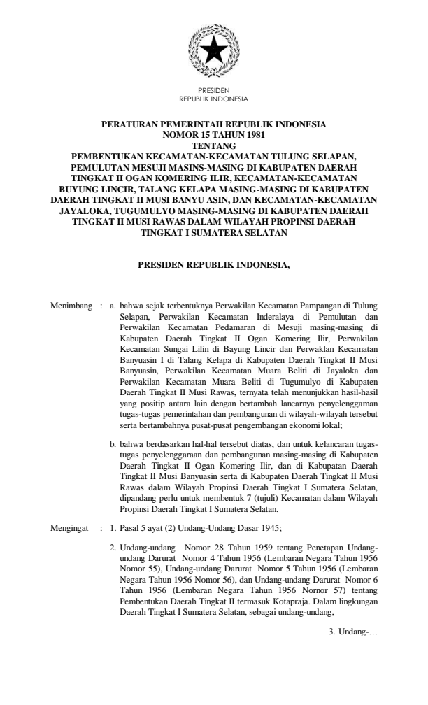 Peraturan Pemerintah Nomor 15 Tahun 1981