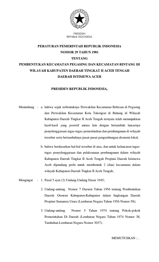 Peraturan Pemerintah Nomor 29 Tahun 1981