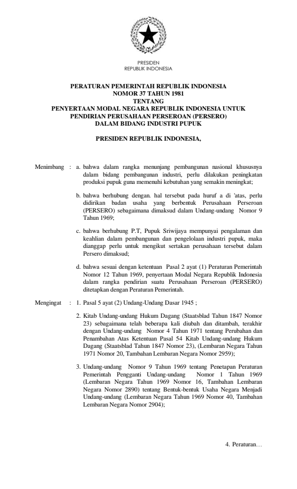 Peraturan Pemerintah Nomor 37 Tahun 1981