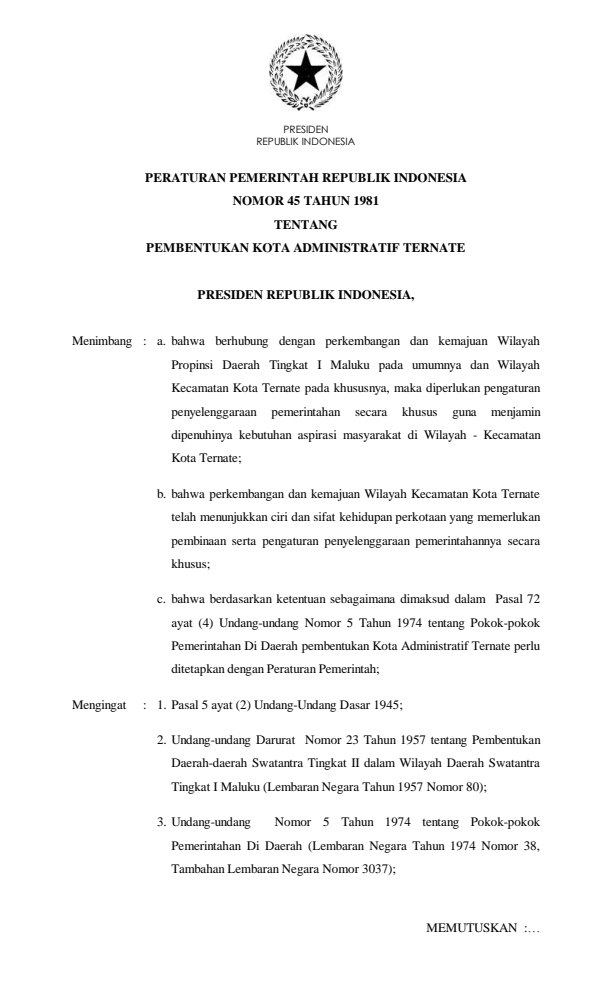 Peraturan Pemerintah Nomor 45 Tahun 1981