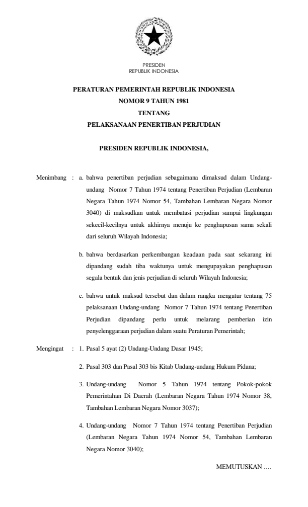 Peraturan Pemerintah Nomor 9 Tahun 1981