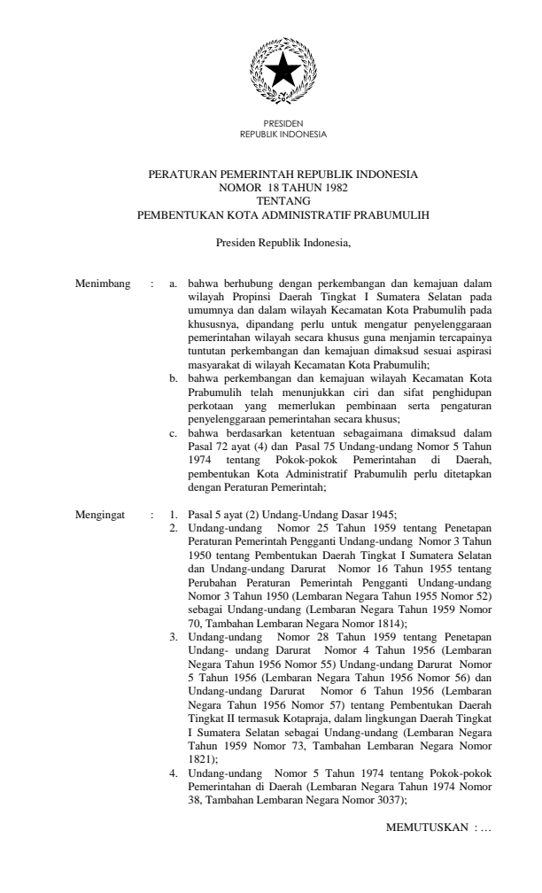 Peraturan Pemerintah Nomor 18 Tahun 1982