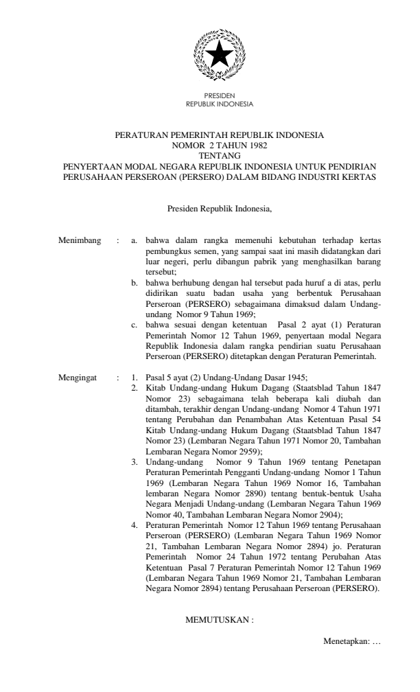 Peraturan Pemerintah Nomor 2 Tahun 1982