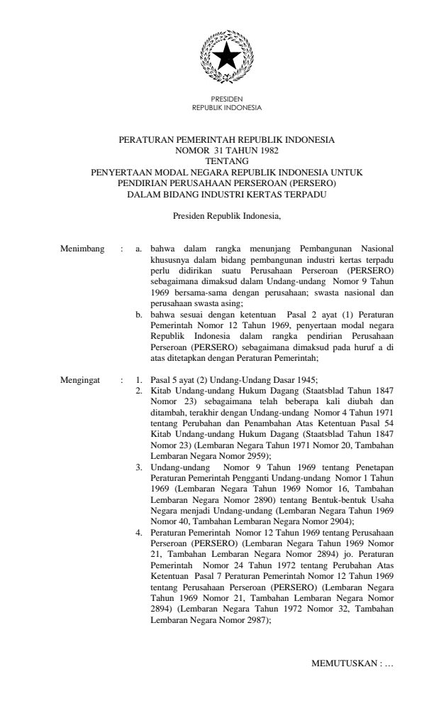 Peraturan Pemerintah Nomor 31 Tahun 1982