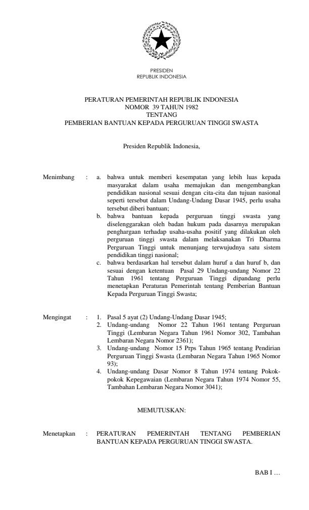 Peraturan Pemerintah Nomor 39 Tahun 1982