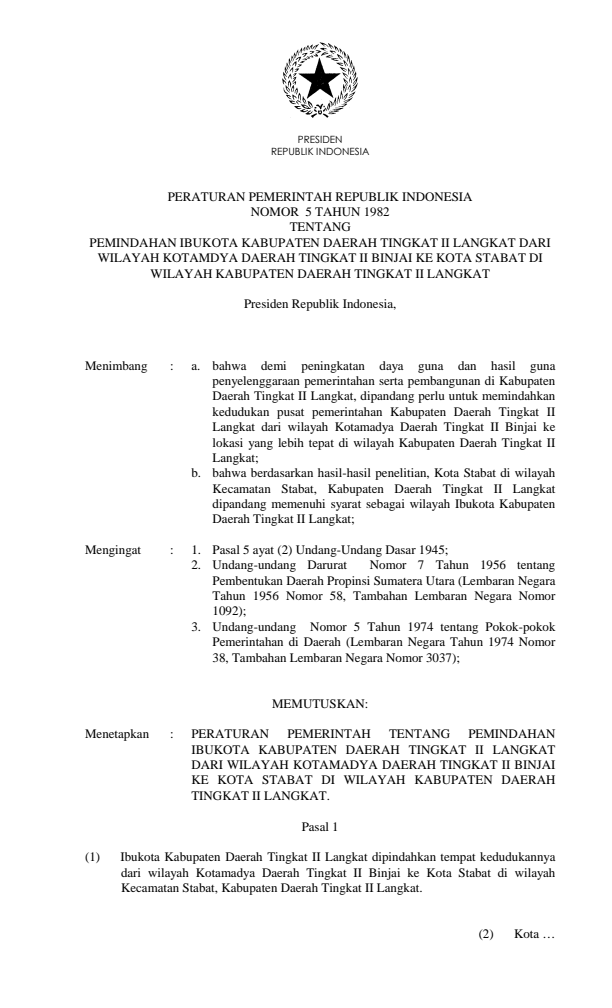 Peraturan Pemerintah Nomor 5 Tahun 1982