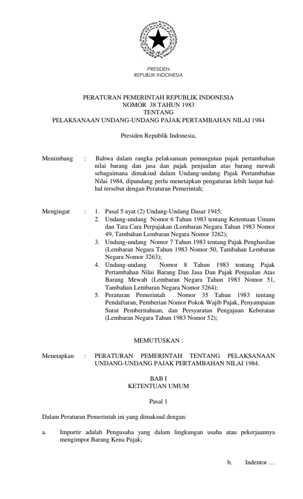 Peraturan Pemerintah Nomor 38 Tahun 1983