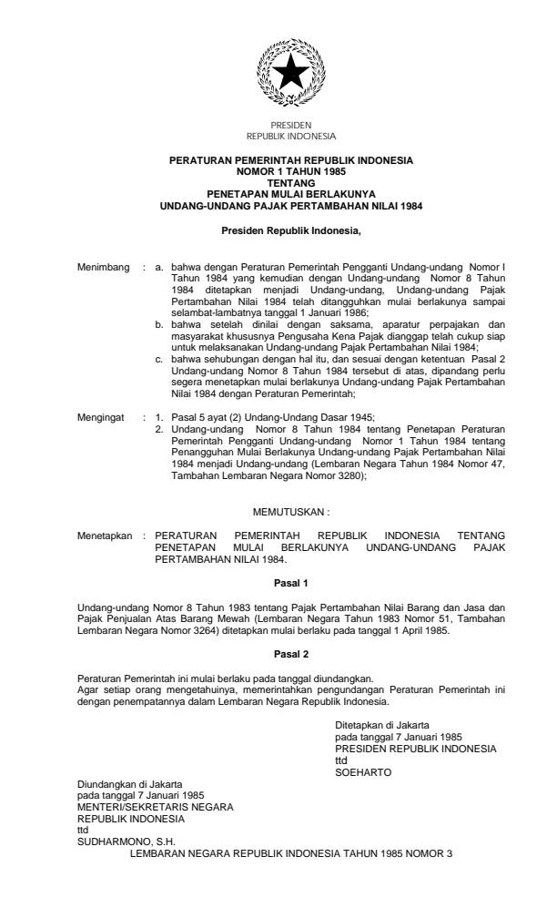 Peraturan Pemerintah Nomor 1 Tahun 1985