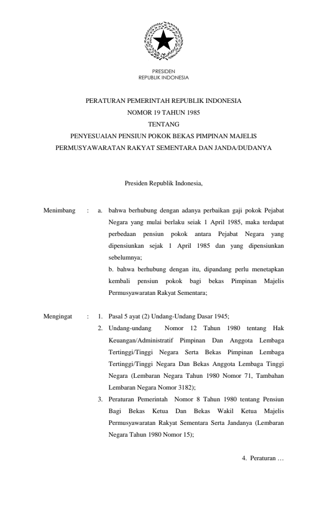 Peraturan Pemerintah Nomor 19 Tahun 1985