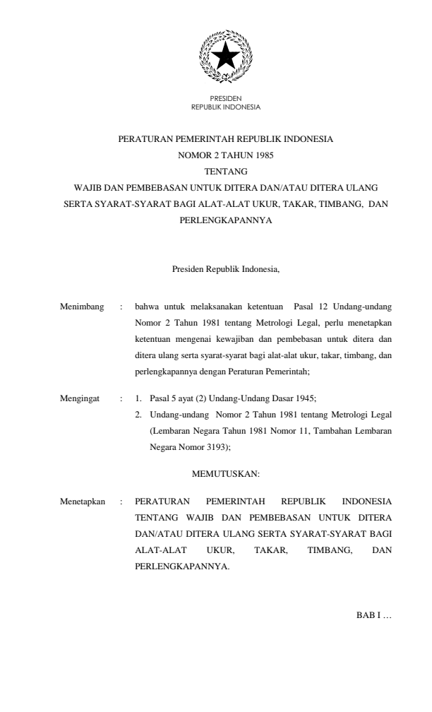 Peraturan Pemerintah Nomor 2 Tahun 1985