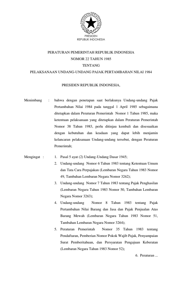 Peraturan Pemerintah Nomor 22 Tahun 1985