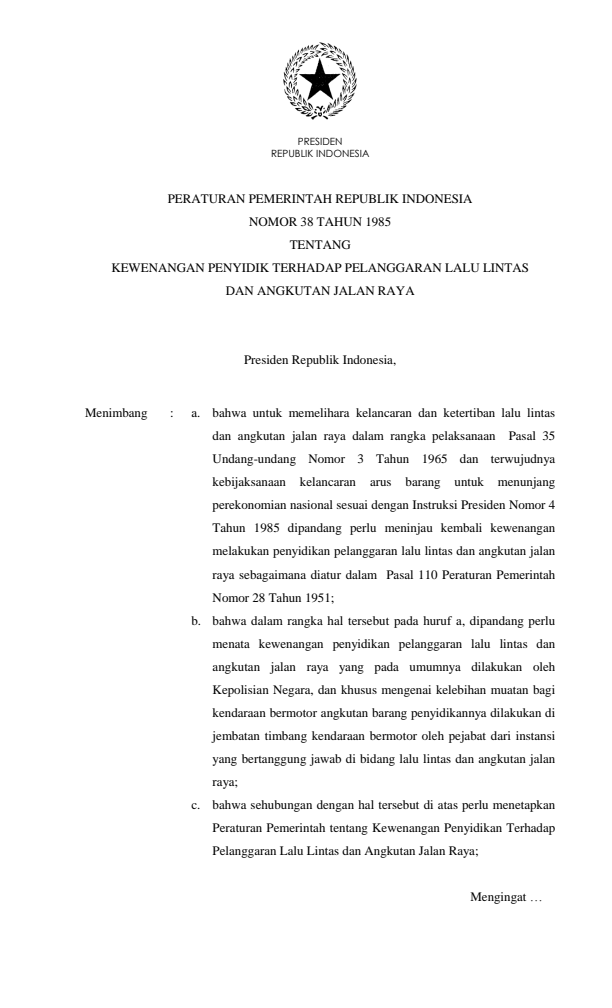 Peraturan Pemerintah Nomor 38 Tahun 1985