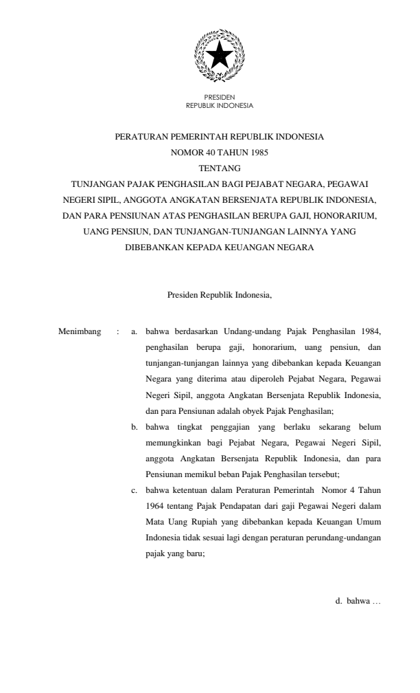 Peraturan Pemerintah Nomor 40 Tahun 1985