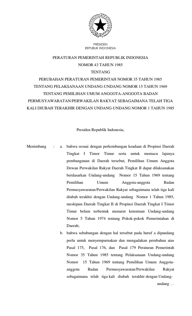 Peraturan Pemerintah Nomor 43 Tahun 1985