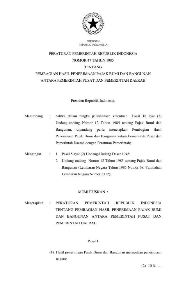 Peraturan Pemerintah Nomor 47 Tahun 1985