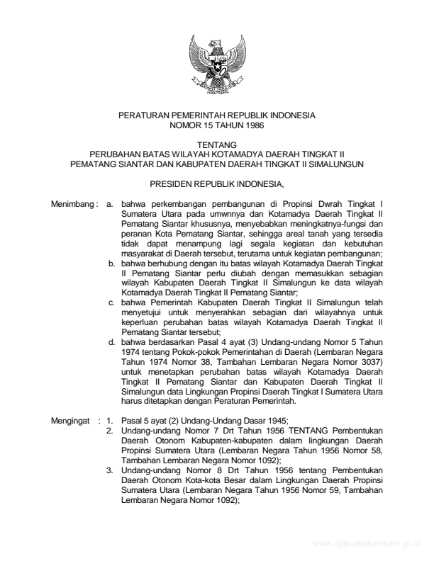 Peraturan Pemerintah Nomor 15 Tahun 1986