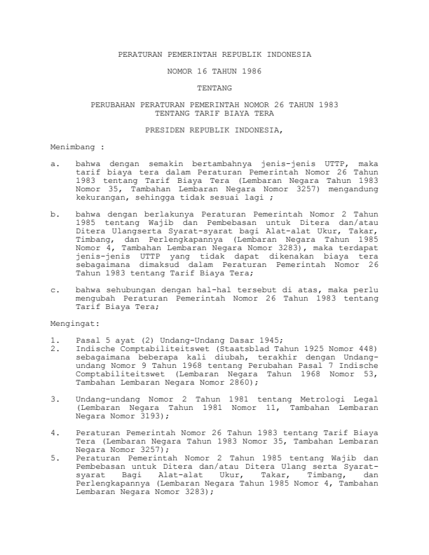 Peraturan Pemerintah Nomor 16 Tahun 1986