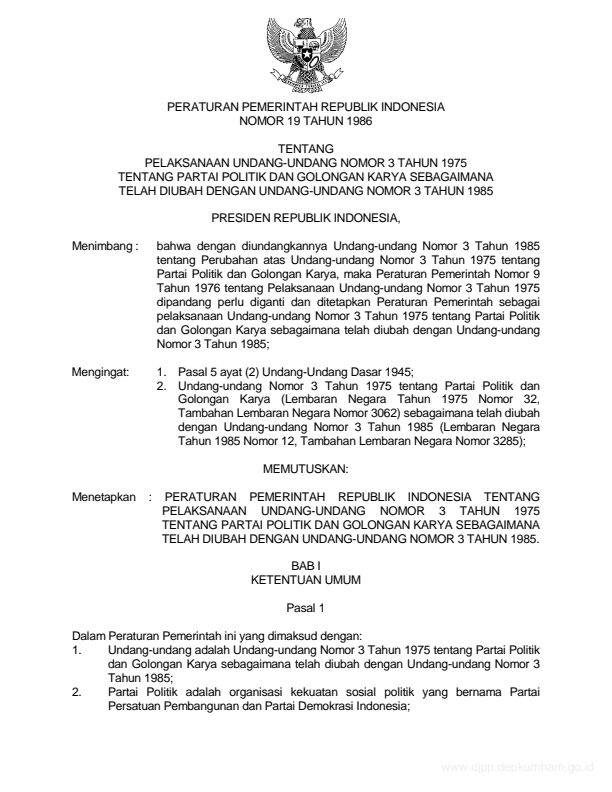 Peraturan Pemerintah Nomor 19 Tahun 1986