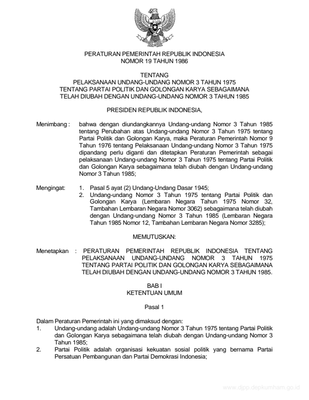 Peraturan Pemerintah Nomor 19 Tahun 1986