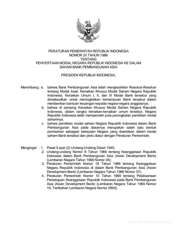 Peraturan Pemerintah Nomor 20 Tahun 1986