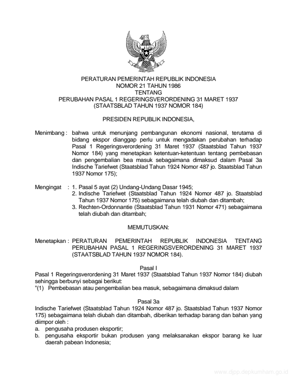 Peraturan Pemerintah Nomor 21 Tahun 1986