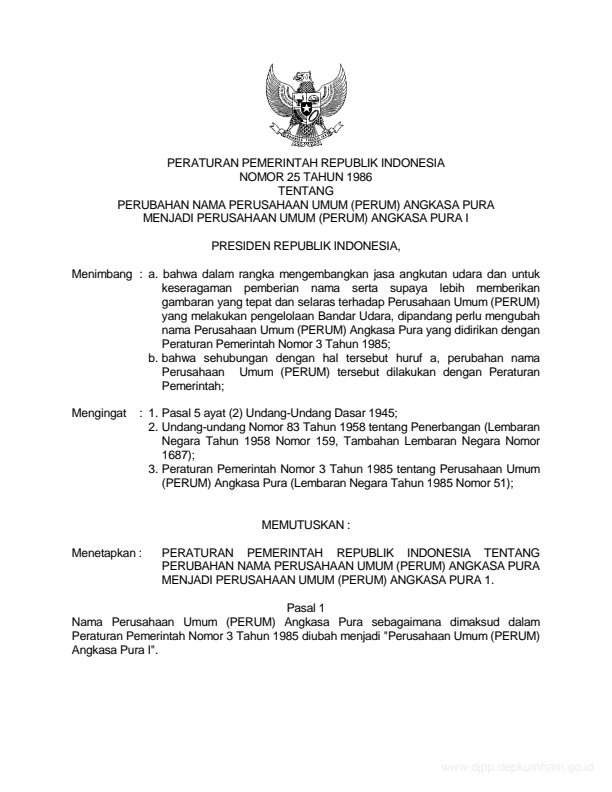 Peraturan Pemerintah Nomor 25 Tahun 1986