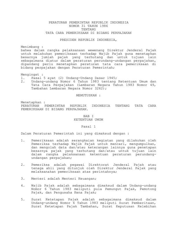 Peraturan Pemerintah Nomor 31 Tahun 1986