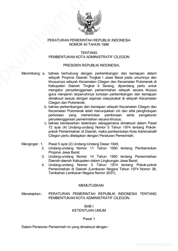 Peraturan Pemerintah Nomor 40 Tahun 1986