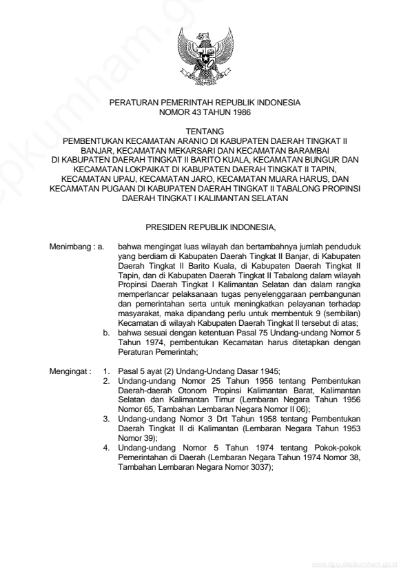 Peraturan Pemerintah Nomor 43 Tahun 1986