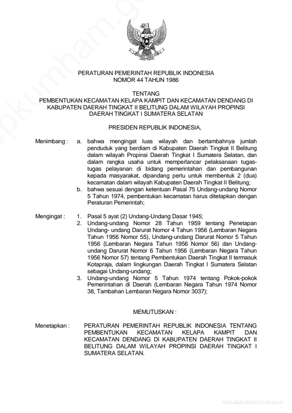 Peraturan Pemerintah Nomor 44 Tahun 1986