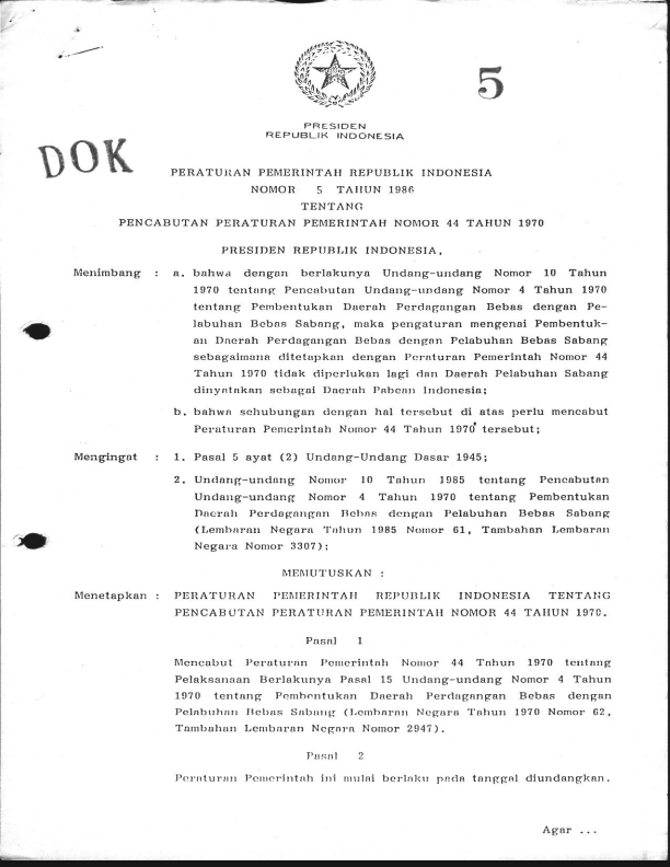 Peraturan Pemerintah Nomor 5 Tahun 1986