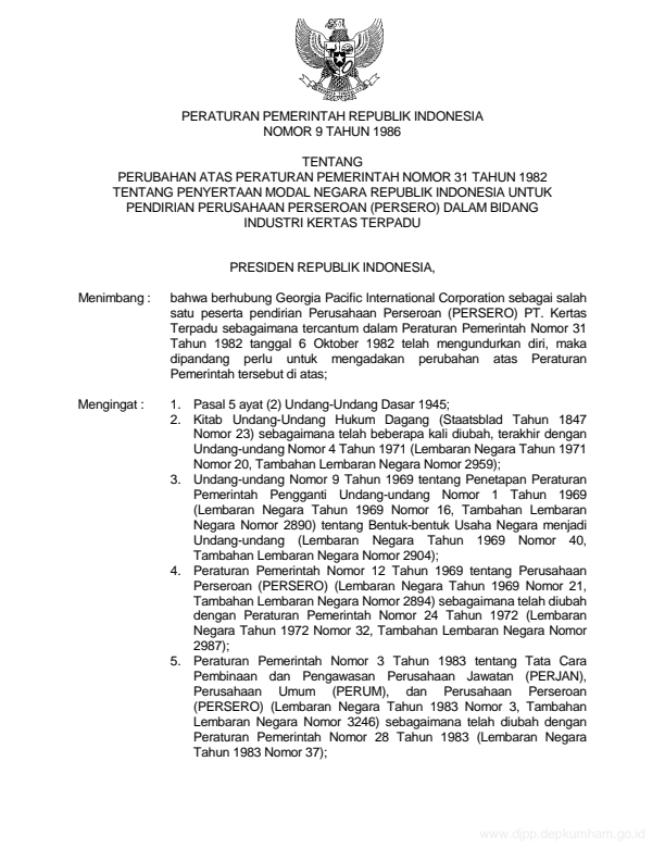 Peraturan Pemerintah Nomor 9 Tahun 1986