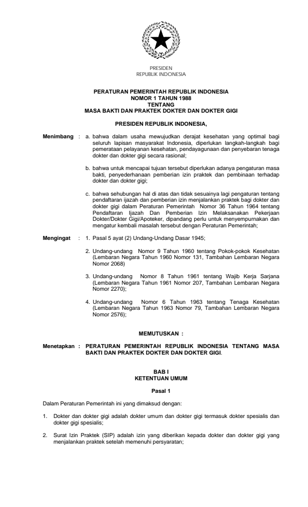 Peraturan Pemerintah Nomor 1 Tahun 1988