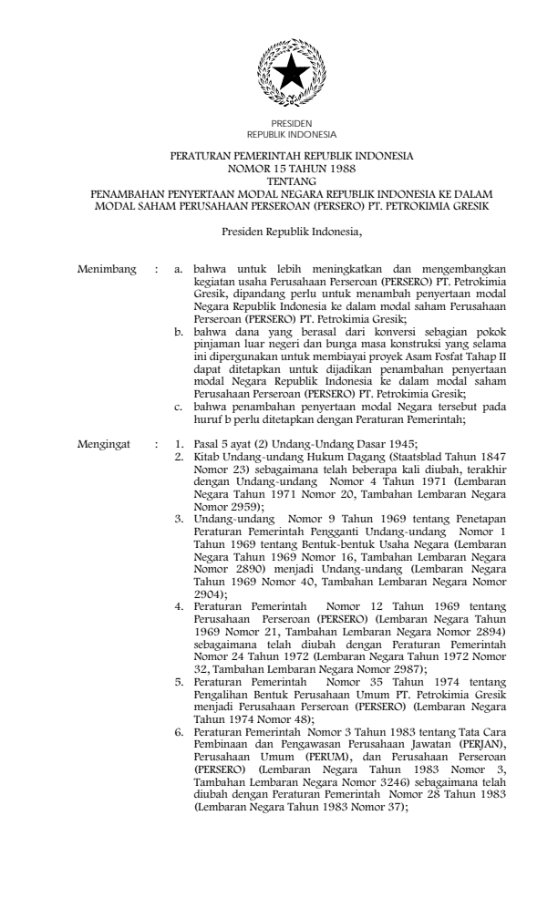 Peraturan Pemerintah Nomor 15 Tahun 1988