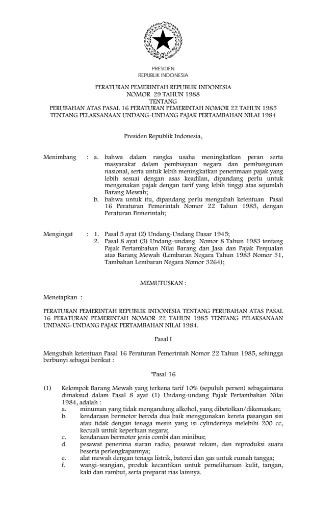 Peraturan Pemerintah Nomor 29 Tahun 1988