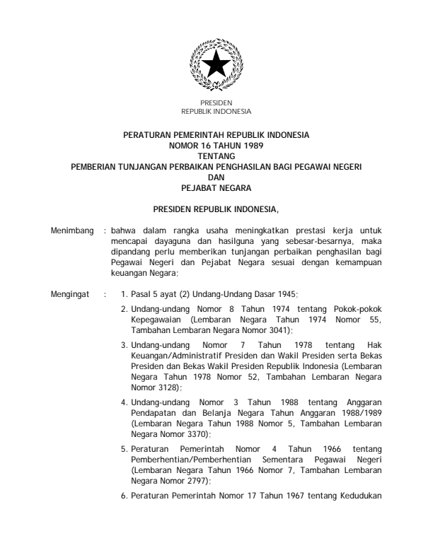 Peraturan Pemerintah Nomor 16 Tahun 1989