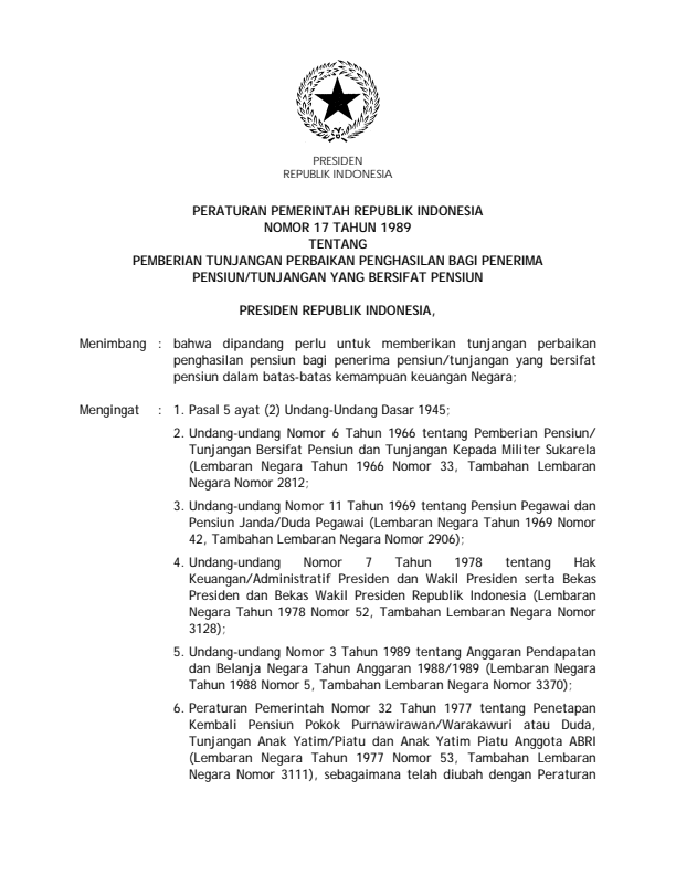 Peraturan Pemerintah Nomor 17 Tahun 1989