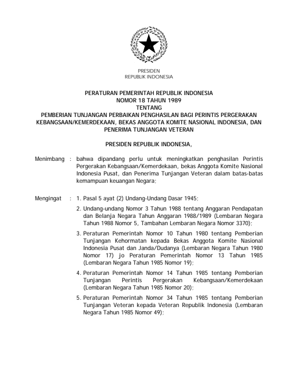 Peraturan Pemerintah Nomor 18 Tahun 1989