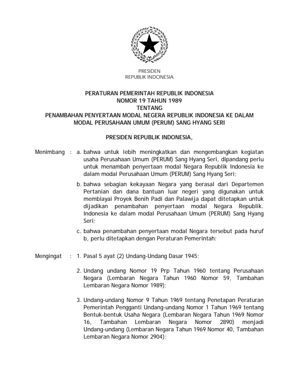 Peraturan Pemerintah Nomor 19 Tahun 1989