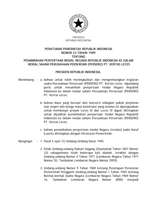 Peraturan Pemerintah Nomor 22 Tahun 1989