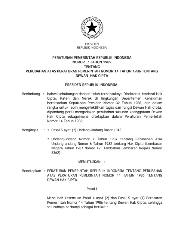 Peraturan Pemerintah Nomor 7 Tahun 1989