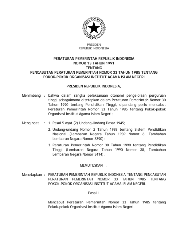 Peraturan Pemerintah Nomor 13 Tahun 1991