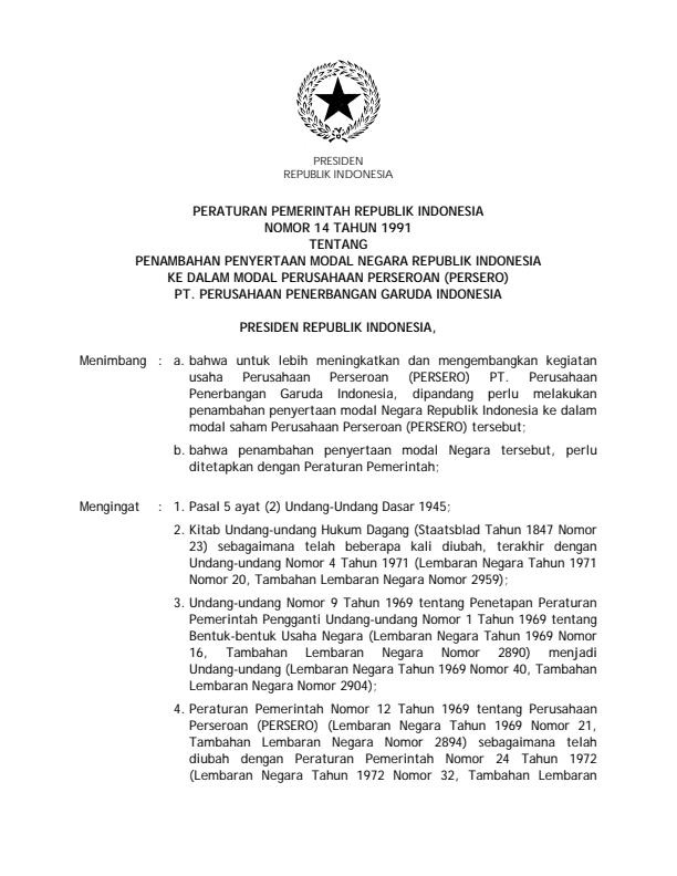 Peraturan Pemerintah Nomor 14 Tahun 1991