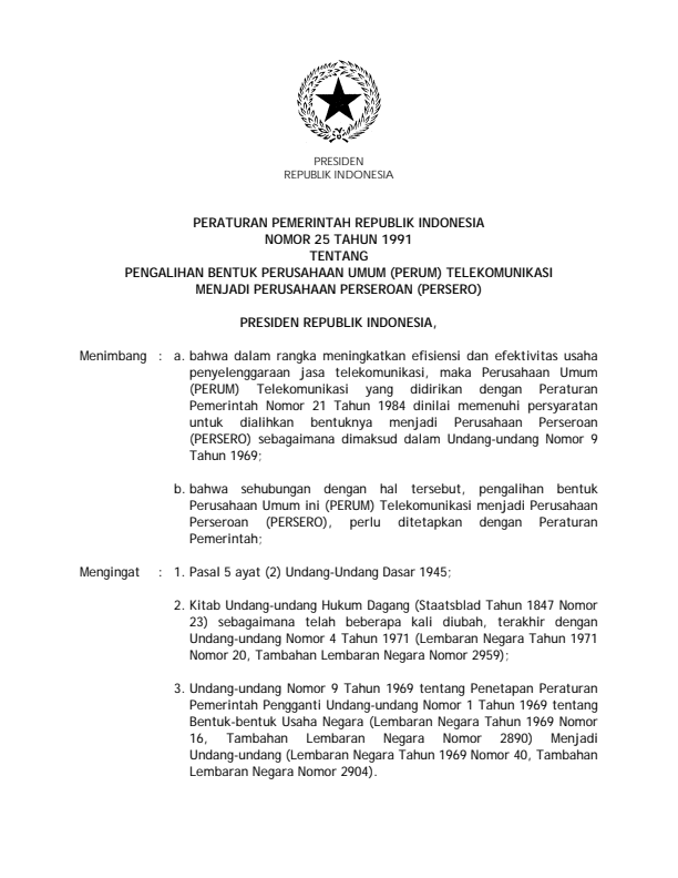 Peraturan Pemerintah Nomor 25 Tahun 1991