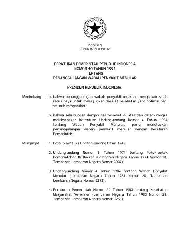 Peraturan Pemerintah Nomor 40 Tahun 1991