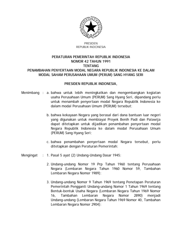 Peraturan Pemerintah Nomor 42 Tahun 1991