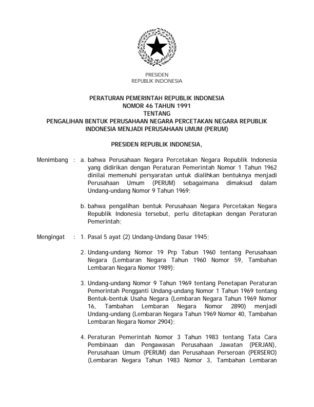 Peraturan Pemerintah Nomor 46 Tahun 1991