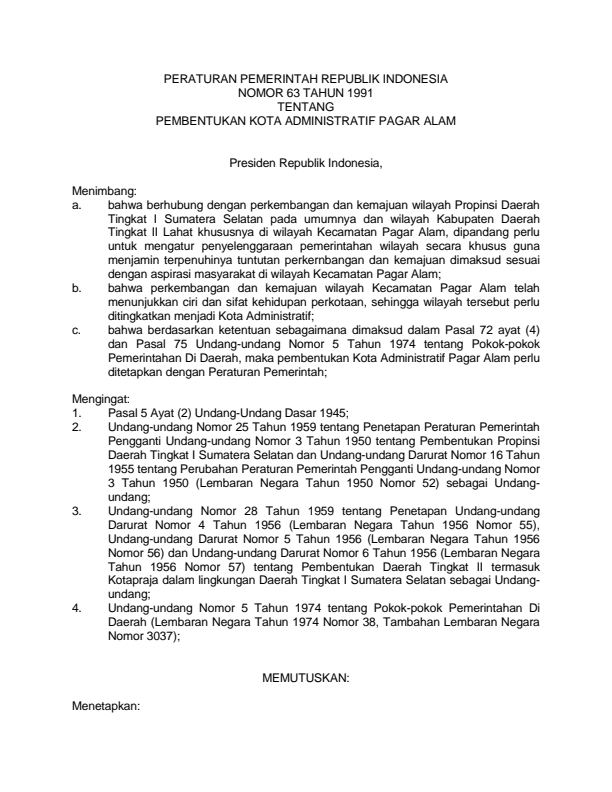 Peraturan Pemerintah Nomor 63 Tahun 1991