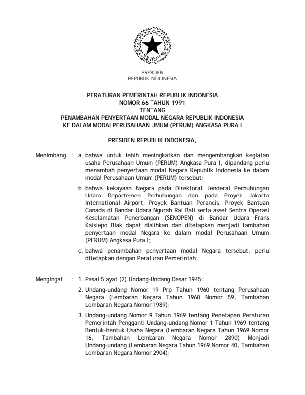 Peraturan Pemerintah Nomor 66 Tahun 1991